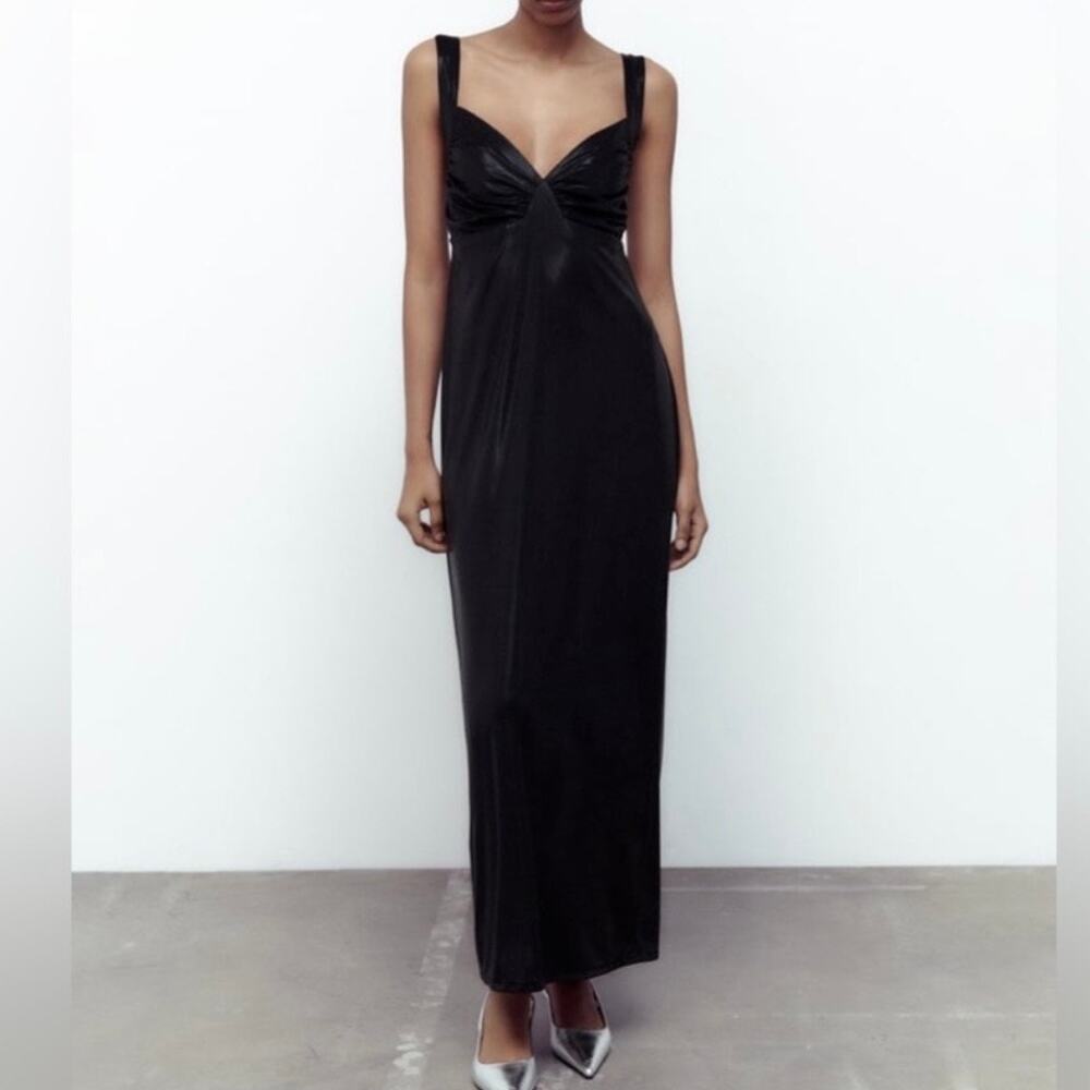 Zara Metallic Open Back Ruched Maxi Cocktail Dress Women's Small Black Baddie